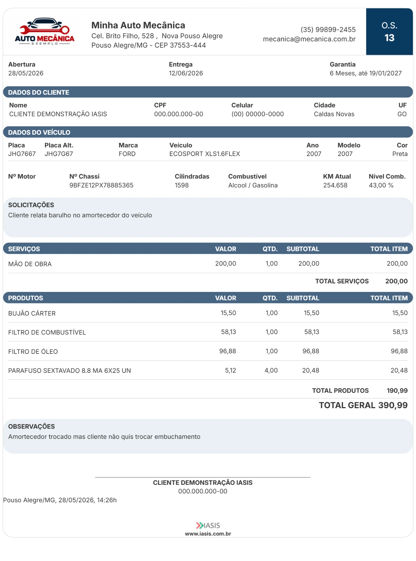 Documento de ordem de serviço do IASIS com cliente, veículo, serviços e total